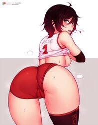 1girls ahoge areola ass back bent_over big_ass bloomers bluefield breasts cameltoe clothed clothes english_text eye_contact eyelashes female female_only grey_background grey_eyes gym_uniform half-closed_eyes heart heavy_breathing human looking_at_viewer looking_back nipples patreon pose red_hair ruby_rose rwby shirt short_hair sideboob skin_tight smell solo sweat text thick_thighs thigh_gap thighhighs twitter_username underwear url watermark wet wide_hips rating:Explicit score:681 user:justausername