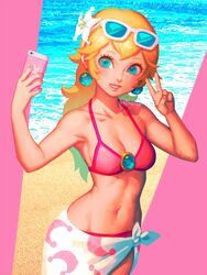 1girls art beach bellhenge belly_button bikini bikini_top blonde_hair blue_eyes breast breasts cute ear earrings eyes female female_only flower flower_in_hair glasses glasses_on_head hips human lips long_hair mario_(series) midriff nintendo painted_nails peace_sign phone pink princess princess_peach sand sarong selfie smartphone smile solo stomach super_mario_odyssey teeth v waist water wide_hips yellow_hair rating:Questionable score:89 user:solidsteel