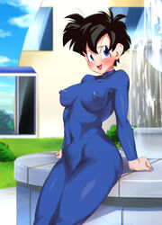 1girls ass_focus big_breasts black_hair blue_bodysuit blue_eyes blush bodysuit dragon_ball dragon_ball_z erect_nipples_under_clothes female_focus female_only full_body_suit fully_clothed functionally_nude muscular_thighs nipples_visible_through_clothing no_bra open_mouth revealing_clothes rom short_hair shounen_jump solo teeth tongue topless topless_female videl wide_hips wide_thighs rating:Explicit score:140 user:Cranium