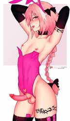 1boy androgynous armpits astolfo_(fate) balls bluefield blush bunny_boy bunny_ears bunnysuit canon_crossdressing condom condom_on_penis erection fate_(series) femboy girly looking_at_viewer male male_only penis presenting solo testicles trap rating:Explicit score:455 user:justausername