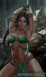 2d armpits arms_up bare_arms bare_shoulders bikini black_hair bracelet breasts cleavage clenched_hands closed_mouth collarbone dark_skin earrings fantasy female fighting_stance fingerless_gloves gloves green_eyes jade_(mortal_kombat) jewelry judash137 large_breasts long_hair looking_at_viewer magic mortal_kombat ponytail skirt smile solo staff standing swimsuit thighs toned very_long_hair weapon rating:Safe score:83 user:pimps1678