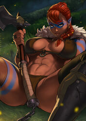 1girls abs avelyne_(dandon_fuga) axe big_breasts breasts cleavage clothed dandon_fuga dark-skinned_female dark_skin deviantart elf eye_contact facepaint female female_only huge_breasts large_ass large_breasts looking_at_viewer muscles muscular muscular_female naughty_face original original_character panties red_hair seductive seductive_smile smile solo spread_legs thick_thighs thighhighs weapon wide_hips rating:Questionable score:155 user:justausername