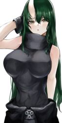  absurdres arknights black_shirt breasts female green_hair hand_up highres horns hoshiguma_(arknights) kajuu large_breasts long_hair looking_at_viewer open_mouth shirt simple_background single_horn skin-covered_horns sleeveless sleeveless_shirt solo  rating:safe score: user:bot