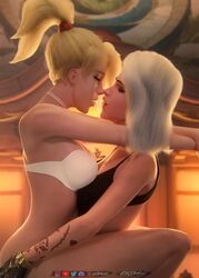 2girls 3d ashe_(overwatch) blender blonde_hair bra breasts clothed female female_only fingerless_gloves forceballfx gloves mercy overwatch ponytail red_eyes romantic rose_tattoo softcore tattoo white_hair yuri rating:Questionable score:187 user:justausername