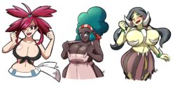 3girls abs afro agitowolf_(artist) alternate_breast_size apron areolae belly belt big_ass big_breasts big_hair black_hair blue_eyes blue_hair blush breasts cleavage closed_eyes dark-skinned_female dark_skin drasna_(pokemon) dress eye_contact eyelashes eyes_closed female female_only flannery_(pokemon) hair_over_one_eye hairband half-closed_eyes huge_ass huge_breasts human human_only large_ass large_breasts lenora_(pokemon) lipstick long_hair looking_at_viewer mature mature_female midriff naked_apron navel nipple_slip nipples one_eye_closed open_mouth pants pokemon pokemon_bw pokemon_rse pokemon_xy ponytail pose red_eyes red_hair red_lipstick shirt smile tank_top text thick_thighs thin_waist topless torn_clothes twintails watermark white_background wide_hips wink rating:Explicit score:131 user:TheRedMaverick