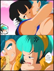 2boys 2girls ass black_eyes black_hair blue_eyes blue_hair bulchi bulma_briefs busty chichi chulma cleavage comic dragon_ball dragon_ball_super dragon_ball_z earrings eating erect_penis flipping_off french_kiss fusion gloves gogeta hand_on_ass humor kissing long_hair looking_at_another looking_back looking_pleasured metamoran_clothing middle_finger muscular_male nala1588 penis_bulge potara_earrings speech_bubble spiky_hair super_saiyan_blue thick_thighs thighhighs tongue_out vegito rating:Explicit score:58 user:Zardauz