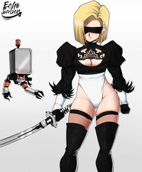 1girls alternate_version_available android_18 blonde_hair blush cameltoe cleavage cosplay curvy dragon_ball echosaber erect_nipples female fully_clothed huge_areolae huge_ass huge_breasts nier:_automata puffy_nipples short_hair thick_lips voluptuous wide_hips yorha_2b_(cosplay) rating:Explicit score:167 user:mame