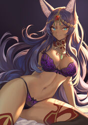 1girls animal_ears aqua_eyes bangs bare_shoulders blush bra breasts circlet cleavage closed_mouth dark_skin eyeliner fate/grand_order fate_(series) forehead_jewel highres large_breasts long_hair looking_at_viewer makeup mashu_003 navel panties parted_bangs purple_bra purple_hair purple_panties queen_of_sheba_(fate/grand_order) smile tail thighhighs thighs underwear wolf_ears wolf_tail rating:Questionable score:224 user:justausername