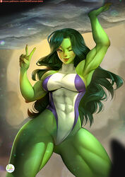 1girls abs avengers big_breasts didi_esmeralda female female_only fully_clothed green_eyes green_hair green_skin hulk_(series) leotard long_hair looking_at_viewer marvel marvel_comics muscles muscular muscular_female peace_sign she-hulk solo strong v wink winking winking_at_viewer rating:Safe score:162 user:justausername