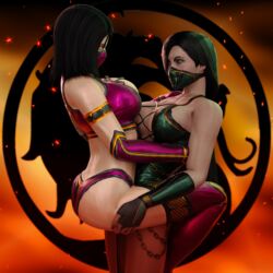 2girls 3d abs adeptusinfinitus alternate_breast_size ass back belly big_ass big_breasts black_hair blender breasts chains cleavage clothed eye_contact female female_only fingerless_gloves gloves glowing_eyes green_eyes green_hair hair_over_one_eye half-closed_eyes highres holding huge_breasts jade_(mortal_kombat) large_breasts logo looking_at_another looking_at_viewer mask midriff mileena mortal_kombat orange_background orange_eyes smaller_female standing thick_thighs wide_hips yuri rating:Questionable score:111 user:MotherAna