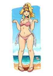 1boy 1girls beach bent_wrist bikini blonde_hair blue_eyes breasts cleavage crown curvy detailed_background earrings feet female female_focus full_body hips human jewelry legs long_hair looking_at_viewer male mario_(series) midriff navel nintendo open_toe_shoes outdoors pigeon-toed pink_bikini ponytail princess princess_peach ravenousruss sandals shiny_skin solo_focus standing sunglasses sunglasses_on_head swimsuit thick thick_thighs tied_hair toad_(mario) toes wide_hips rating:Safe score:197 user:Loveingit101