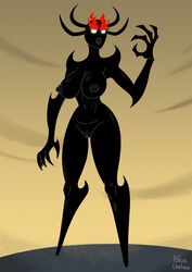 angry artist_name ashi big_breasts black_skin blueumbra breasts cartoon_network claws corrupted corruption daughters_of_aku demon female fit fit_female footless glowing_eyes horns humanoid knees lips monster mound_of_venus no_feet no_pupils nude pussy rubber samurai_jack signature solo thick_lips unhappy vulva warrior rating:Explicit score:52 user:bot