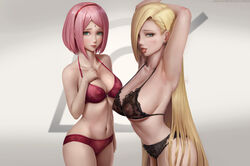 2020 2girls absurdres alternate_breast_size areolae armpits arms_up big_breasts black_lingerie black_panties blonde_hair blue_eyes blush boruto:_naruto_next_generations bra breasts clavicle female female_focus female_only forehead_mark green_eyes high_resolution highres huge_breasts ino_yamanaka large_breasts limgae lingerie looking_at_viewer naruto naruto_(series) naruto_shippuden navel nipples partially_clothed patreon patreon_reward patreon_username pink_hair red_lingerie red_panties sakura_haruno see-through short_hair tongue tongue_out underwear url rating:Questionable score:198 user:Tamal