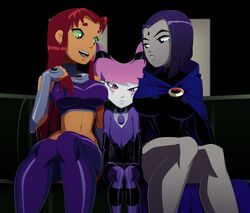 3girls alien alternate_breast_size big_breasts bob_cut breast_envy breast_squish breasts cleavage cloak clothing dc female female_only grey_skin jinx_(dc) large_breasts lesbian orange_skin outerwear pink_hair purple_hair rachel_roth raven_(dc) ravenravenraven red_hair small_breasts starfire teen_titans yuri rating:Questionable score:283 user:justausername