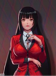 1girls big_breasts black_hair blazer blouse breasts cleavage eyelashes eyeliner eyeshadow female female_only fully_clothed hi_res jabami_yumeko kakegurui lipstick long_hair looking_at_viewer makeup noaqin red_eyes school_uniform shirt skirt very_long_hair rating:Safe score:276 user:benjaminsp