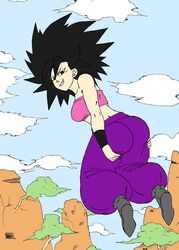 ass_grab black_eyes black_hair bra breasts caulifla charge_sol clothing dragon_ball dragon_ball_super female flying light-skinned_female light_skin long_hair looking_at_viewer looking_back outdoors pants saiyan shoes short_hair side_view smiling solo spiky_hair rating:Explicit score:24 user:Bj14