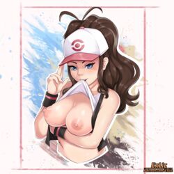 1girls areolae blue_eyes breasts breasts_out brown_hair exlic female female_focus female_only hilda_(pokemon) large_breasts nintendo nipples pokemon shirt_in_mouth shirt_lift rating:Explicit score:169 user:EdgySexy