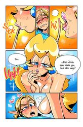 1boy 1girls big_breasts blonde_hair blue_eyes breasts breath_of_the_wild comic crossover ear_licking english_text female licking_fingers link link_(breath_of_the_wild) long_ears long_hair male mario_(series) nintendo nipples nude princess_peach sasatseng seductive speech_bubble text the_legend_of_zelda uncommon_stimulation rating:Explicit score:102 user:gwmatt