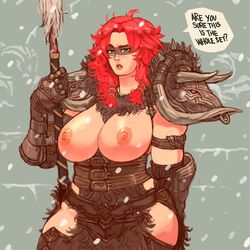 1:1_aspect_ratio barbarian barbarian_(diablo) breasts breasts_out_of_clothes diablo diablo_3 dinerforwolves english_text facepaint female female_protagonist huge_breasts plump red_hair shoulder_pads snowing sonya_(diablo) speech_bubble text rating:Explicit score:84 user:klinika