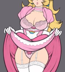 1girls antiheld blonde_hair bra breasts cleavage curvaceous curvy dress dress_lift elbow_gloves female female_only gloves grey_background lace lace-trimmed_bra lace_trim large_ass large_breasts lifted_by_self long_hair mario_(series) nintendo panties presenting princess princess_peach royalty simple_background solo standing tabletorgy thick thick_thighs white_gloves wide_hips rating:Questionable score:99 user:Loveingit101