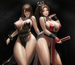 2girls alternate_costume alternate_hairstyle arm_guards bare_thighs big_breasts black_dress black_hair braid braided_hair breasts brown_hair busty capcom chun-li cleavage crossover curvaceous curvy death_battle dress erect_nipples erect_nipples_under_clothes fan fatal_fury female female_focus female_only gzy holding_fan human king_of_fighters large_breasts lipstick long_hair mai_shiranui nipple_bulge nipples pinup ponytail red_dress red_lips red_lipstick sash smile smiling snk spiked_bracelet street_fighter thick_thighs thighs voluptuous rating:Questionable score:193 user:JackieEstacadoThrowaway