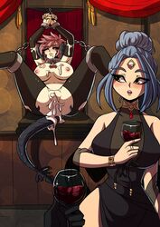 2girls arms_above_head arms_up au_ra blue_hair blush chains collar cum cum_inside cum_on_breasts cum_on_face decima dripping final_fantasy final_fantasy_xiv garlean gloves gold_eyes huge_breasts kinkymation large_breasts party pink_hair public public_use sex sex_slave sin_faye stockings xaela rating:Explicit score:141 user:aajaxx