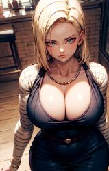  ai_generated android_18 belt big_breasts blonde_hair blue_eyes breasts dragon_ball dragon_ball_z dress fbps35 narrow_waist necklace neckline short_hair  rating:questionable score: user:bot