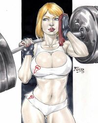 1girls 2015 big_breasts big_breasts black_gloves blonde_hair blue_eyes breasts busty cleavage cleavage_cutout dated dc dc_comics dumbbell ed_benes_studio eyeshadow female female_only fingerless_gloves fred_benes glare gloves gym justice_society_of_america karen_starr large_breasts lifting_weights lipstick looking_to_the_side makeup mascara nail_polish panties pinup power_girl red_lips red_lipstick red_nail_polish red_nails shirt short_hair short_shirt signature solo super_strength superheroine thighs towel weightlifting white_panties white_shirt wiping_face rating:Questionable score:57 user:JackieEstacadoThrowaway