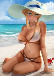 1girls artoria_pendragon artoria_pendragon_(lancer) artoria_pendragon_(swimsuit_ruler) artoria_pendragon_(swimsuit_ruler)_(second_ascension)_(fate) beach bikini blonde_hair breasts criss-cross_halter fate/grand_order fate_(series) female female_only hair_between_eyes hat large_breasts looking_at_viewer multi-strapped_bikini seaside tan tanline tanlines white_bikini yamaneko_(tkdrumsco) rating:Explicit score:158 user:Gotai12345