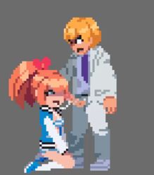 1boy 1girls animated blazer blowjob bow cum cum_in_mouth cum_trail cumshot fellatio female footwear hand_on_head human jacket kamuo kunio-kun kyoko_(kunio-kun) letterman_jacket lewd_city_girls male no_pants oral orange_hair outerwear panties pixel_art river_city_girls shoes socks striped_panties varsity_jacket rating:Explicit score:261 user:MegaMoo