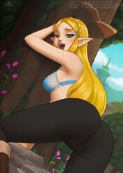 1girls ass blonde_hair breath_of_the_wild bubble_butt deilan12 demigoddess female female_only hylian looking_at_viewer looking_back open_mouth presenting presenting_hindquarters princess_zelda small_breasts solo the_legend_of_zelda yoga_pants zelda_(breath_of_the_wild) rating:Questionable score:335 user:justausername