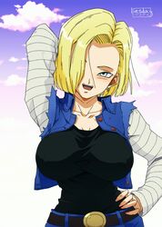 1girls android_18 blonde_hair blue_eyes cleavage curvy dragon_ball erect_nipples female huge_areolae huge_breasts liesday puffy_nipples short_hair thick_lips voluptuous rating:Explicit score:220 user:gaver