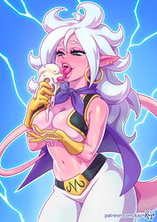 1girls 2010s android_21 android_21_(good) big_breasts blue_eyes breasts cape cleavage cosplay dragon_ball dragon_ball_fighterz eyeshadow fangs female female_only gloves hair hoop_earrings hourglass_figure humanoid ice_cream ice_cream_cone kajinman large_breasts light_persona lipstick long_hair majin majin_android_21 majin_buu_(cosplay) majin_mark makeup no_bra open_mouth patreon pink_skin pointy_ears rework solo tail tongue tongue_out url vest white_hair rating:Questionable score:121 user:EdgySexy