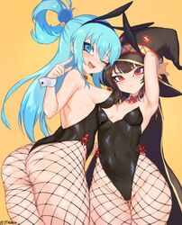 2girls aqua_(konosuba) armpits ass big_ass blue_hair breasts bunnysuit cleavage female female_only fishnet fishnet_legwear fishnet_stockings fishnets jtveemo kono_subarashii_sekai_ni_shukufuku_wo! looking_at_viewer looking_back megumin no_nude tagme rating:Questionable score:578 user:justausername