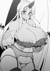 1girls abs areolae ass black_and_white blush breasts bursting_breasts cleavage clitoris dark-skinned_female elakan eye_contact giantess horn huge_breasts lingerie long_hair looking_at_viewer monochrome monster_girl monster_musume_no_iru_nichijou mostly_nude muscular muscular_arms muscular_female nipples oni pussy solo thick_thighs tionishia wide_hips rating:Explicit score:179 user:marvyn