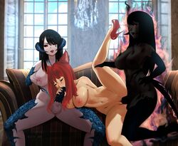 1girls 2futas au_ra balls black_hair black_sclera blowjob breasts clone couch daeriion_aeradiir dark_side double_penetration fellatio female final_fantasy final_fantasy_xiv futa_on_female futanari glowing_eyes hand_on_breast heels high_heels horns indoors intersex large_breasts leg_up lying maria_arvana miqo'te naked_footwear naked_heels nipples nude oral_sex penis pussy red_eyes red_hair scaled_penis scales sex spitroast spread_legs tail threesome uliel vaginal_penetration xaela rating:Explicit score:106 user:Maria_Arvana