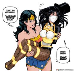 2girls arms_behind_back bdsm black_hair blue_eyes bondage bondage_harness bound bound_breasts breasts carrying color comic crotch_rope dc_comics dialogue diana_prince english_text feet female female_only femdom femsub gagged_speech human human_only justice_league lasso_of_truth legs legs_tied lezdom over_the_nose_gag pantyhose rope rope_between_breasts rope_bondage rope_harness shoes_removed speech_bubble submissive_female text thighs tied_toes tied_up toes wonder_woman wonder_woman_(series) wossarem yuri zatanna zatanna_zatara rating:Explicit score:142 user:ToLika