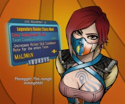 1girls arms_behind_back arms_bound bdsm bondage borderlands borderlands_2 bound_arms breasts clothed color corset deviantart english_text female female_only gag gagged game_mechanics gameplay_mechanics human human_only item_description lilith_(borderlands) orange_eyes over_the_mouth_gag panel_gag red_hair submissive_female tattoo text video_game wossarem rating:Questionable score:185 user:EraticMadman