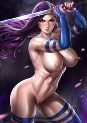 1girls abs absurdres areolae bare_pussy betsy_braddock big_breasts blue_elbow_gloves breasts dandon_fuga elbow_gloves elizabeth_braddock female female_only fingerless_elbow_gloves hairless_pussy highres katana kwannon lactation large_breasts latex_elbow_gloves marvel milk muscles muscular muscular_female nipples pinup psylocke pussy shaved_pussy solo straight_hair superheroine thighhighs violet_eyes wet_pussy x-men rating:Explicit score:136 user:justausername