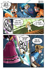 1boy 3girls absurd_res angry animal_crossing anthro attack blonde_hair blush breath_of_the_wild brown_hair canine clothed clothing comic crossover dialogue dress english_text female fight fighting hair highres holding holding_sword hylian_shield indoors isabelle_(animal_crossing) link link_(breath_of_the_wild) looking_back male mario_(series) master_sword multiple_girls nintendo no_pupils open_mouth parasol pointy_ears princess_daisy princess_peach royalty sasatseng shield shirt shocked sparkle speech_bubble speed_lines super_smash_bros. sweat teeth text the_legend_of_zelda rating:Safe score:52 user:Tillow