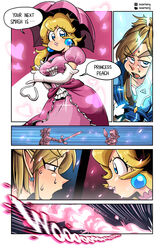 1boy 1girls absurd_res blonde_hair breath_of_the_wild cherry_blossoms clothed clothing comic crossover dress earrings english_text female fingerless_gloves hair heart highres holding holding_sword human link link_(breath_of_the_wild) lips lipstick looking_at_another male mario_(series) master_sword nintendo onomatopoeia open_mouth parasol princess_peach royalty sasatseng speech_bubble super_smash_bros. sweat text the_legend_of_zelda rating:Safe score:57 user:Tillow