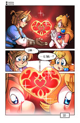 1boy 1girls absurd_res blonde_hair blue_eyes blush breasts breath_of_the_wild close-up clothing comic crossover earrings english_text female glowing heart highres in_love link link_(breath_of_the_wild) looking_at_another male mario_(series) marriage_proposal nintendo nipples open_mouth presenting princess_peach proposal sasatseng sparkle speech_bubble straight super_smash_bros. sweat text text_box the_legend_of_zelda torn_clothes torn_clothing wavy_mouth rating:Questionable score:54 user:Tillow