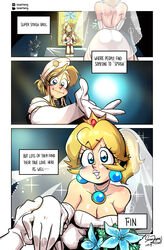 1boy 1girls absurd_res ass blonde_hair blue_eyes breasts breath_of_the_wild church cleavage clothed clothing comic crossover dress english_text female highres human indoors link link_(breath_of_the_wild) lips lipstick looking_at_another male mario_(series) marriage married nintendo ponytail princess_peach reaching_out sasatseng straight super_smash_bros. text text_box the_legend_of_zelda wedding wedding_dress wedding_veil wholesome rating:Questionable score:103 user:Tillow