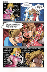 1boy 2girls a_link_between_worlds absurd_res angry blonde_hair breath_of_the_wild closed_eyes clothed clothing comic crossover dialogue dress earrings english_text female highres holding holding_weapon hugging japanese_text jojo_reference link link_(breath_of_the_wild) male mario_(series) master_sword multiple_girls nintendo open_mouth pointy_ears princess_peach princess_zelda royalty sasatseng smile smug speech_bubble super_smash_bros. sweat sword taunting text the_legend_of_zelda tiara triforce_earrings upset zelda_(a_link_between_worlds) ゴゴゴゴゴ rating:Safe score:68 user:Tillow