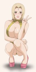 1girls big_breasts bikini blonde_hair brown_eyes female female_only high_heels looking_at_viewer naruto next_one pink_nails smile solo tsunade white_skin rating:Questionable score:125 user:songsamso123