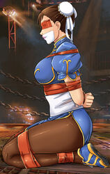 1girls blindfold bondage bound chun-li female femsub gag lostonezero pantyhose restrained solo_female street_fighter tied_up rating:Explicit score:64 user:Boundguy