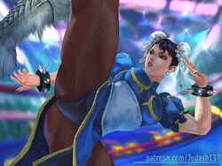 1girls armpits black_hair bracelet breasts brown_legwear bun_cover capcom china_dress chinese_clothes chun-li collarbone double_bun dress earrings fantasy female female_only fighting_stance high_kick jewelry judash137 kicking large_breasts light-skinned_female light_skin long_hair looking_at_viewer open_mouth pantyhose parted_lips pelvic_curtain puffy_sleeves sash short_hair side_slit solo solo_female spiked_bracelet spikes street_fighter thick_thighs thighs toned upskirt rating:Questionable score:42 user:pimps1678