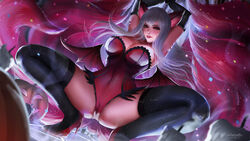 1girls ahri big_breasts breasts cleavage female female_only large_breasts league_of_legends looking_at_viewer silver_hair solo spread_legs thighhighs windwalker yellow_eyes rating:Questionable score:131 user:justausername