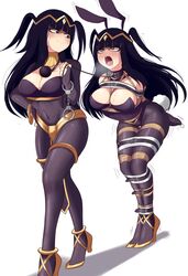 2girls armbinder arms_behind_back bagelbomb ball_gag black_hair blush bodysuit bondage bondage_bunny breasts bunny_ears bunny_tail circlet cleavage clone collar covered_navel dual_persona duplicate femdom femsub fire_emblem fire_emblem_awakening full_body gag gag_around_neck gag_bondage grey_eyes handcuffs hands_behind_back heart-shaped_pupils heavy_breathing high_heels jewelry large_breasts legs long_hair looking_at_another monoglove open_mouth selfcest smile tharja_(fire_emblem) thighlet thighs yuri rating:Questionable score:197 user:FLBPfan