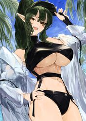  absurdres arknights bikini black_bikini breasts female gavial_(arknights) green_hair hand_on_own_hip highres kajuu long_sleeves palm_leaf palm_tree pointy_ears shirt strap swimsuit tree underboob upper_body visor_cap white_shirt yellow_eyes  rating:questionable score: user:bot